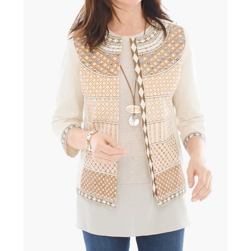 CHICO'S Women’s Embellished Jacket Tan‎ Beige Embroidered 3/4 Sleeves Size 2